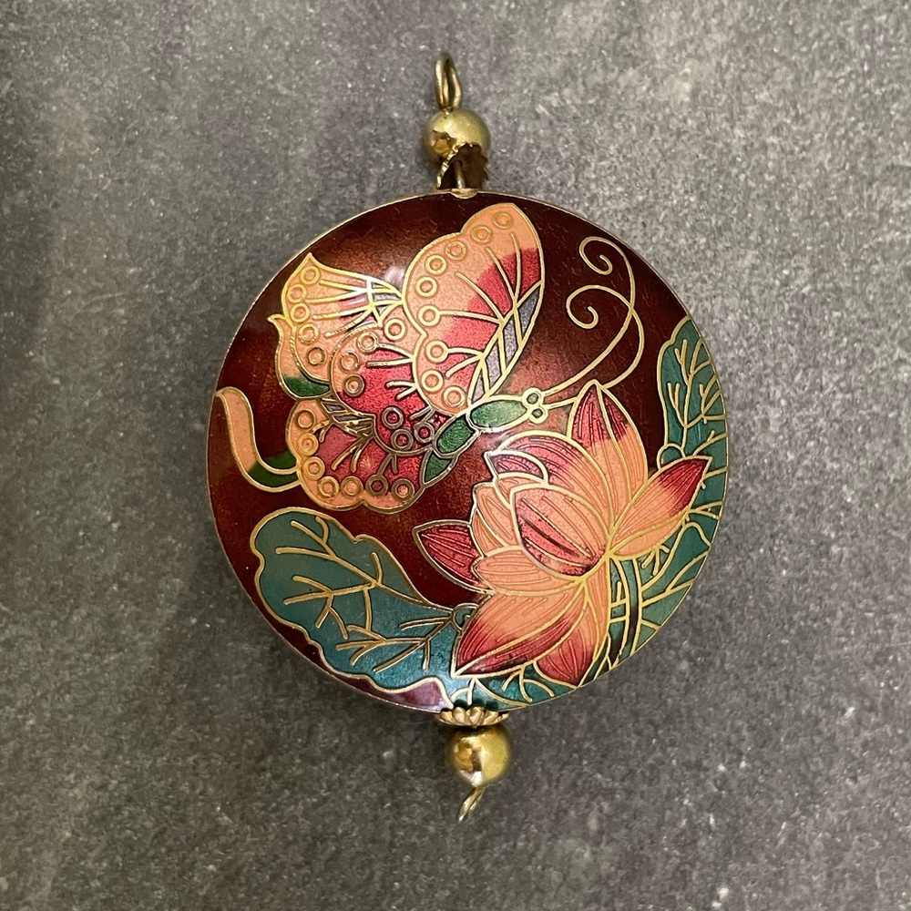 Vintage Cloisonné Butterfly Lotus Necklace Pendant